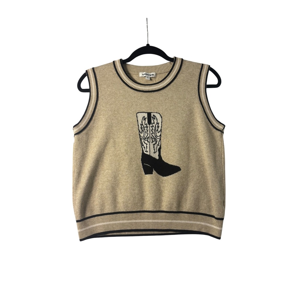 Vigoss Womens Tan Knit Cowboy Boot Sweater Vest Beige Western Graphic Large